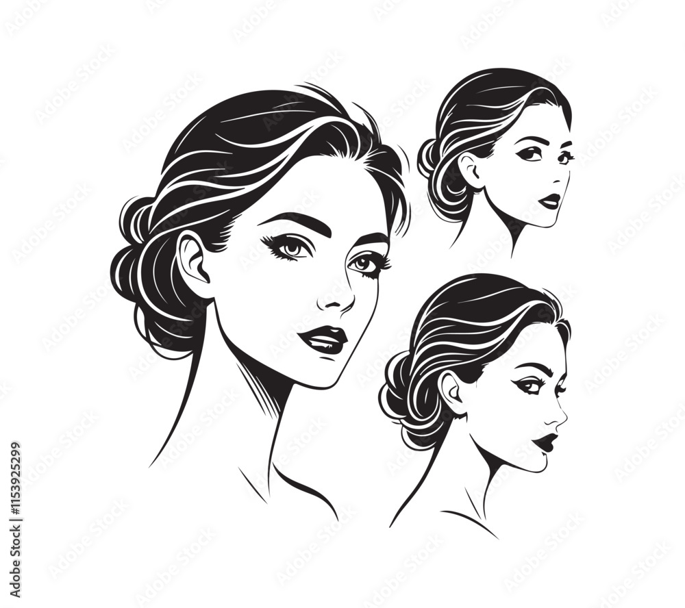 Set of stylized woman faces. Modern single line art. Woman beauty fashion concept, minimalistic style Black and white Set of stylized woman faces. Modern single line art. Woman beauty fashion concept, minimalistic style Black and white