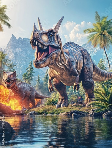 Fototapeta Naklejka Na Ścianę i Meble -  A vibrant scene depicting dinosaurs in a lush prehistoric landscape by a river.