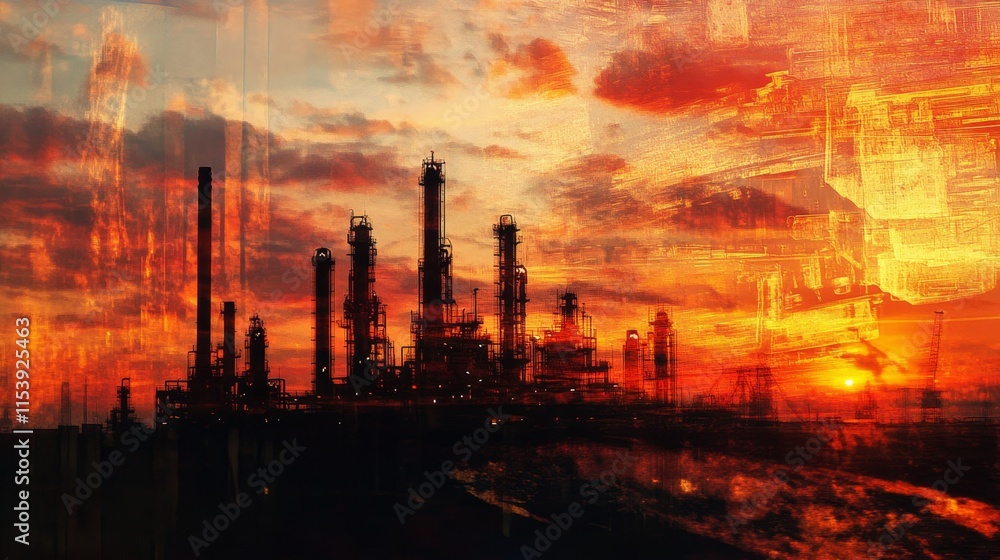 Industrial sunset refinery operations urban landscape photograph evening sky silhouette energy production Industrial sunset refinery operations urban landscape photograph evening sky silhouette energy production
