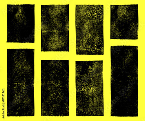 Linocut vector relief printing rectangle shapes of various length, rough grunge textures collection. Artistic textured backgrounds set. Paint roller stains, lino ink grungy geometric text box template