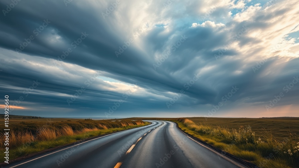 Asphalt ribbon curving through a vast, grassy plain under a dramatic, layered sky Asphalt ribbon curving through a vast, grassy plain under a dramatic, layered sky
