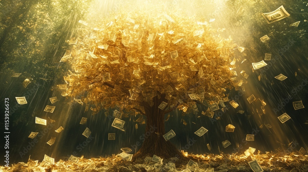 Obraz premium Magical money tree shower enchanted forest digital art dreamlike atmosphere aerial view prosperity concept