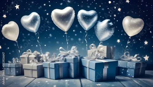 Gift boxes with silver heart-shaped balloons against a starry night sky, glowing Happy Valentine's Day banners illuminated, paper art style highlighting
