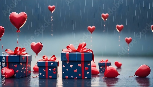 Gift boxes with silver heart-shaped balloons against a starry night sky, glowing Happy Valentine's Day banners illuminated, paper art style highlighting