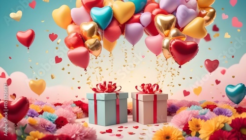 Gift boxes with silver heart-shaped balloons against a starry night sky, glowing Happy Valentine's Day banners illuminated, paper art style highlighting