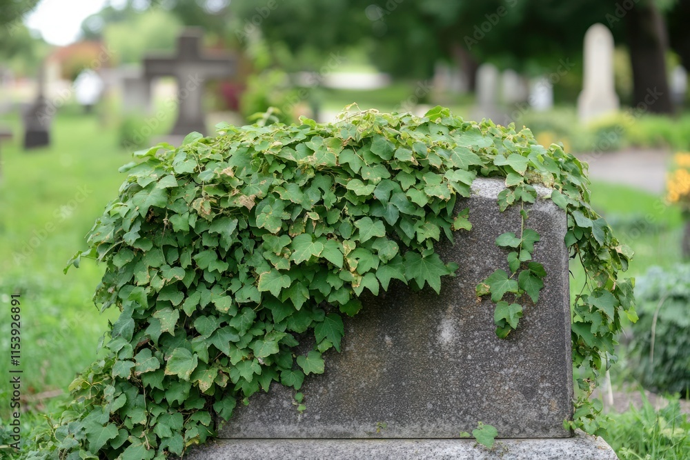 Overgrown Gravestone Covered in Ivy in a Peaceful Setting Overgrown Gravestone Covered in Ivy in a Peaceful Setting