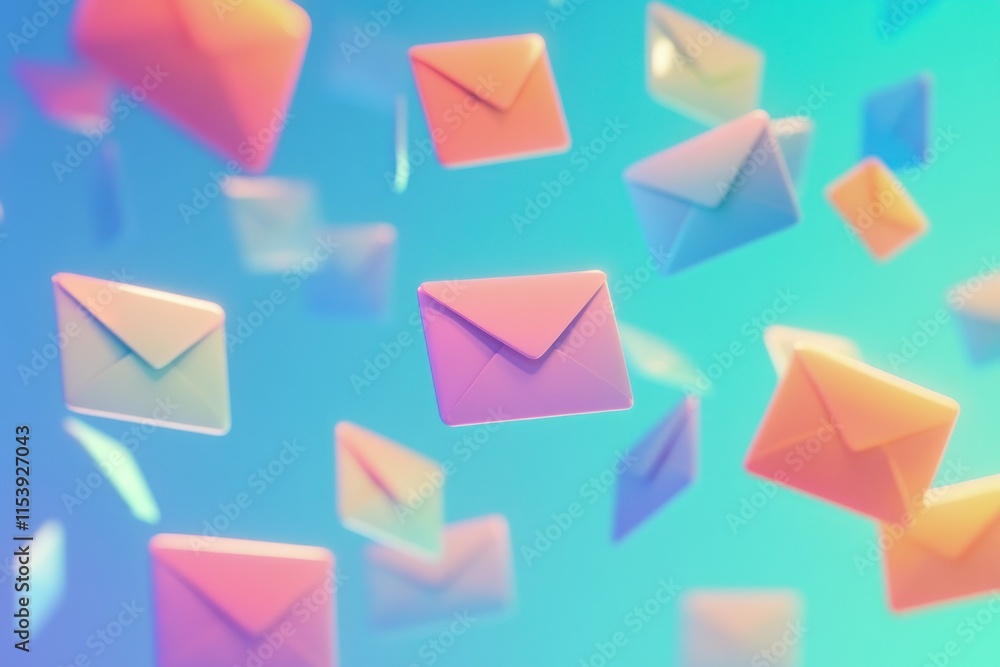 Colorful Envelopes Floating on Blue Background Colorful Envelopes Floating on Blue Background