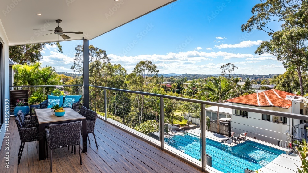 Fototapeta premium Modern balcony view overlooking a pool and lush landscape under a clear blue sky.