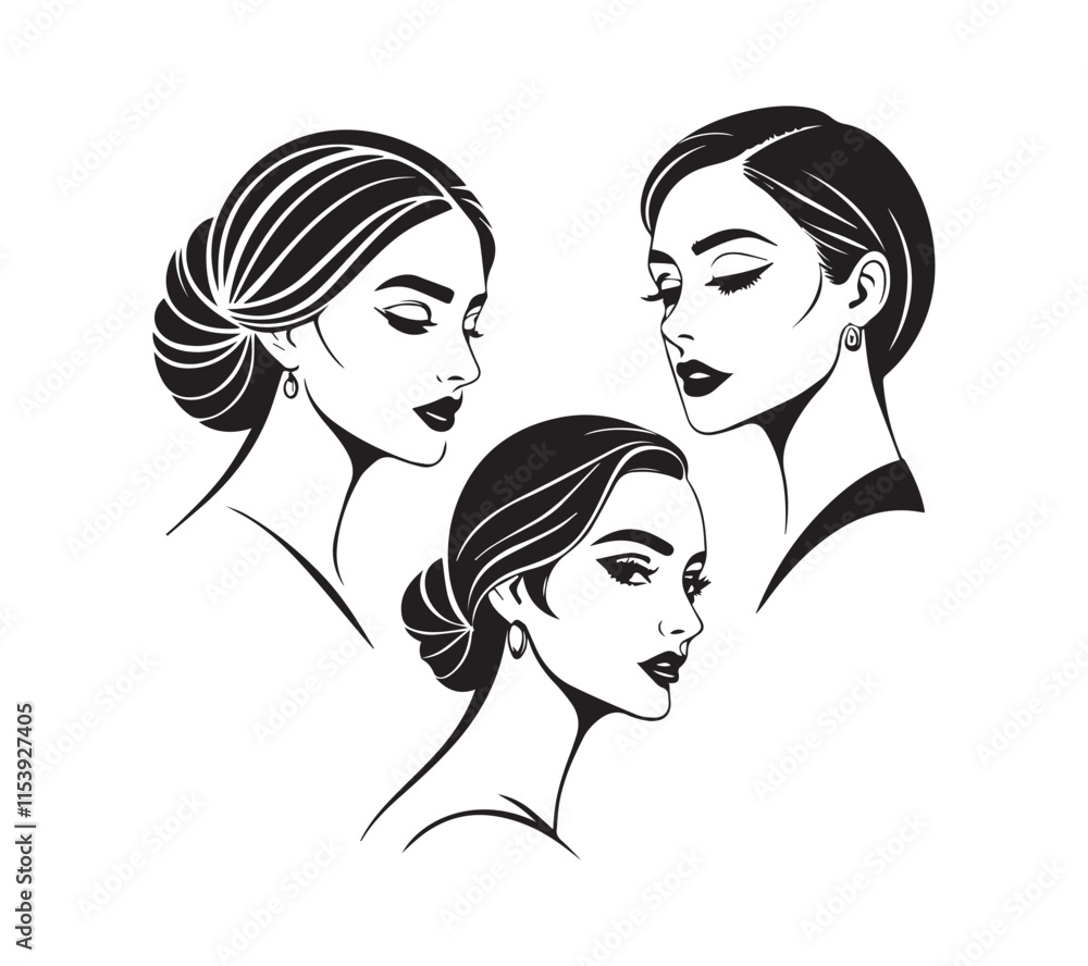 Set of stylized woman faces. Modern single line art. Woman beauty fashion concept, minimalistic style Black and white Set of stylized woman faces. Modern single line art. Woman beauty fashion concept, minimalistic style Black and white