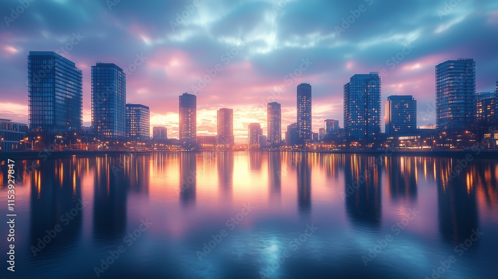 Fototapeta premium Serene City Skyline Reflected in Water at Twilight with Colorful Sky