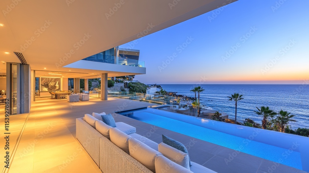 Luxurious modern villa overlooking the ocean at sunset with a serene outdoor pool area. Luxurious modern villa overlooking the ocean at sunset with a serene outdoor pool area.