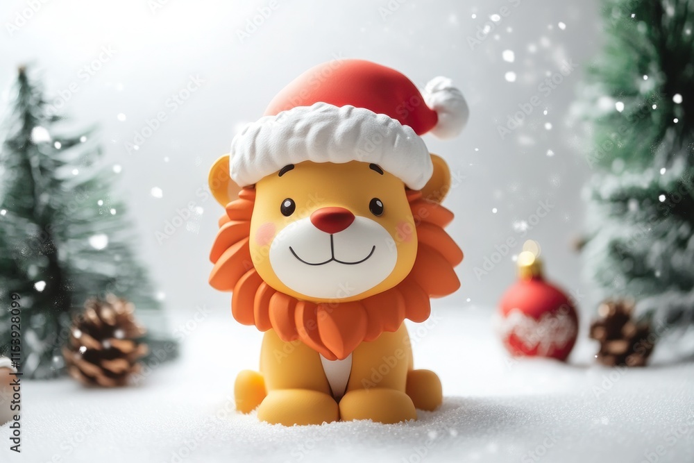 Adorable Lion Character in Festive Christmas Setting Adorable Lion Character in Festive Christmas Setting