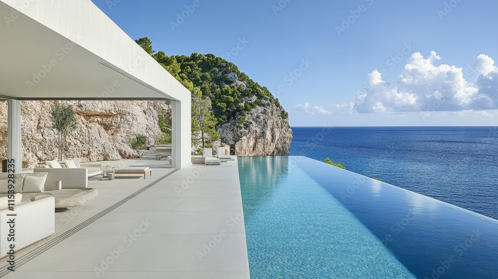 Fototapeta premium Modern villa with an infinity pool overlooking the sea and lush greenery.