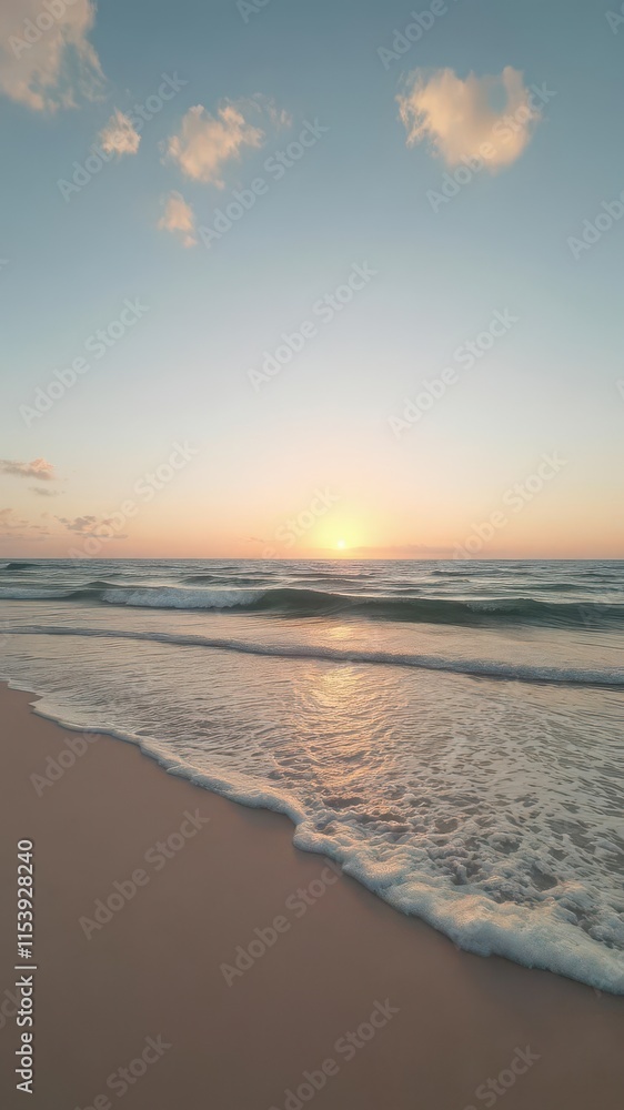 Fototapeta premium A pristine beach at sunset, tranquil ocean waves, water,sky,photography