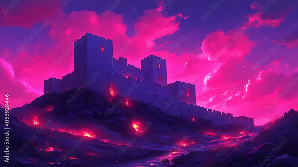 Fototapeta premium Volcanic castle at sunset.