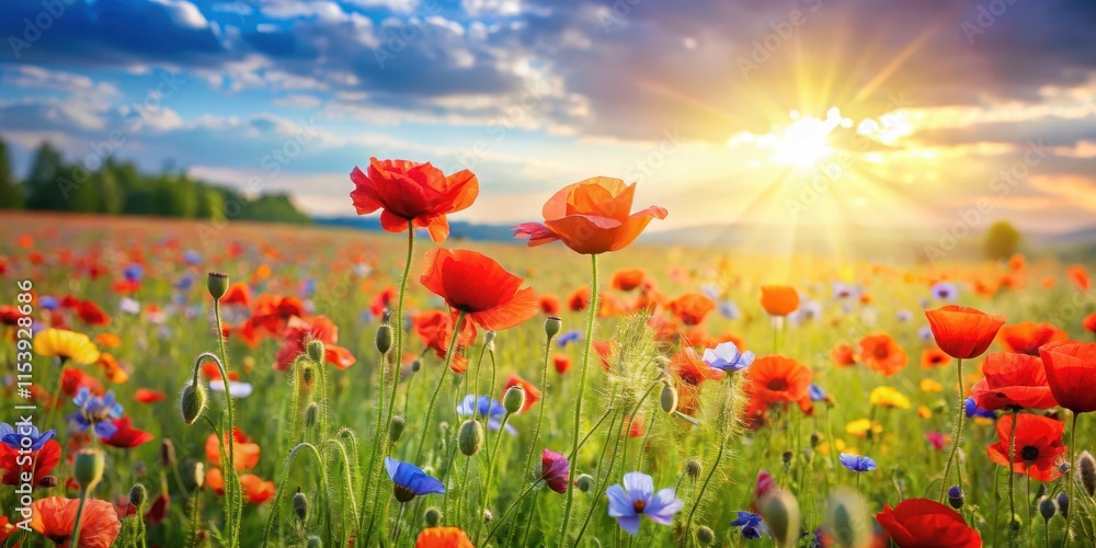 Obraz premium Summer Meadow with Red Poppies, floral fields, summer meadow, floral fields, summer meadow