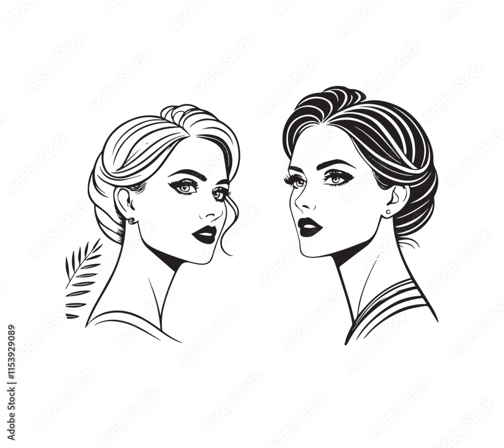 Set of stylized woman faces. Modern single line art. Woman beauty fashion concept, minimalistic style Black and white Set of stylized woman faces. Modern single line art. Woman beauty fashion concept, minimalistic style Black and white