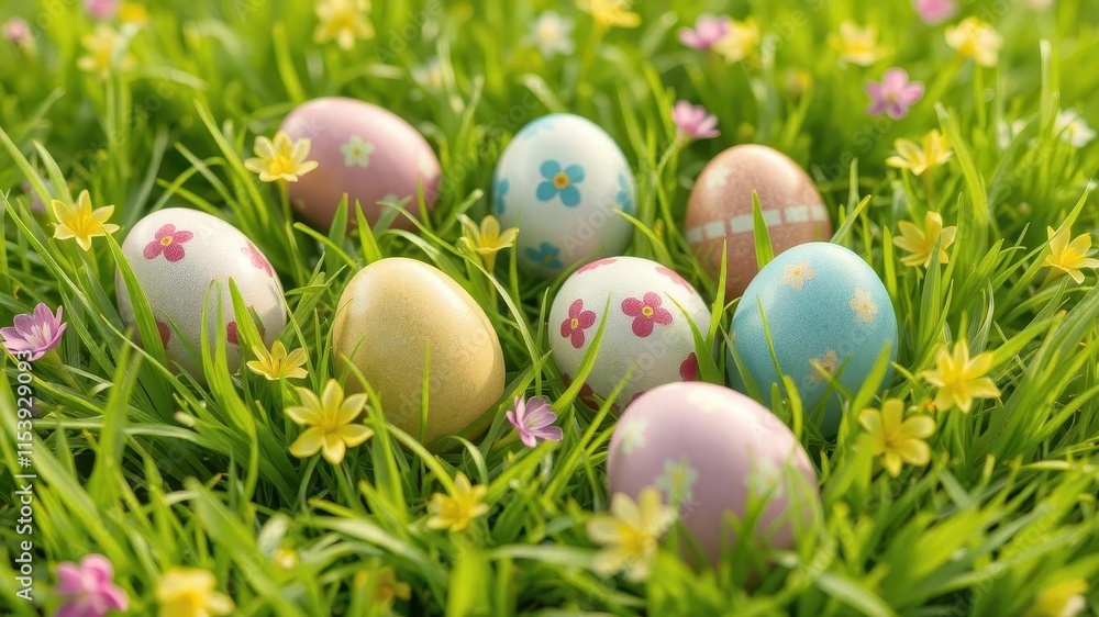 Colorful Easter eggs nestled in vibrant green spring grass, sunlight, solid, grass Colorful Easter eggs nestled in vibrant green spring grass, sunlight, solid, grass