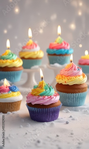 Wallpaper Mural Colorful cupcakes with lit candles on a snowy white background, celebration, dessert, cupcake Torontodigital.ca