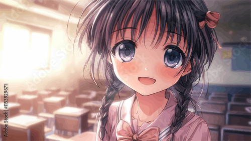 Cute anime schoolgirl smiling in a classroom with braided hair