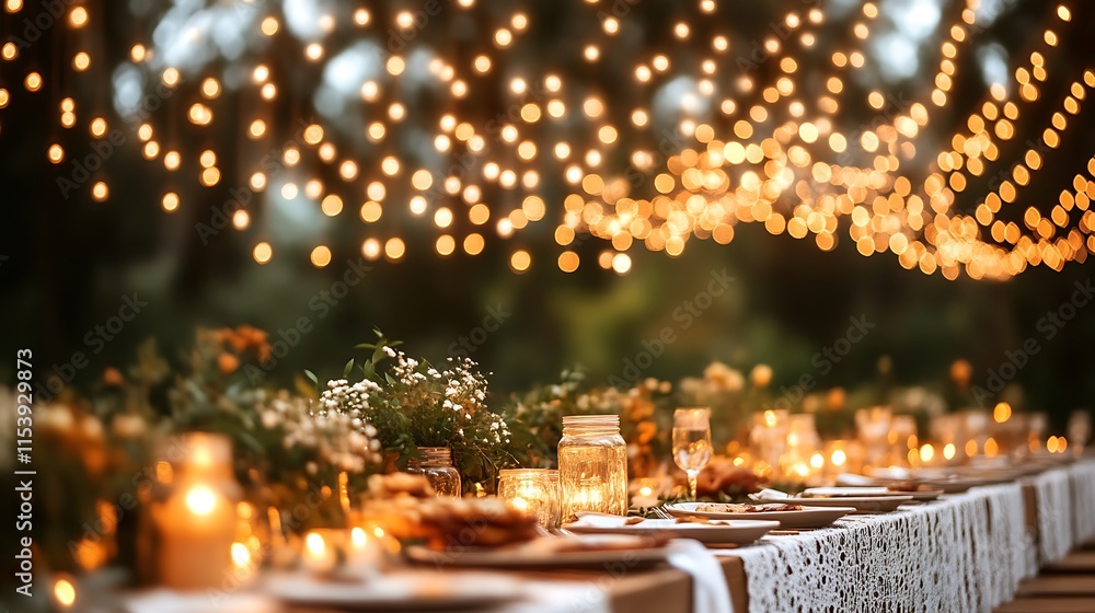 Romantic outdoor dinner party with string lights and candles. Romantic outdoor dinner party with string lights and candles.
