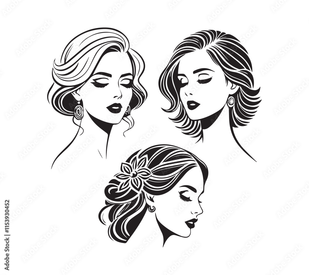 Set of stylized woman faces. Modern single line art. Woman beauty fashion concept, minimalistic style Black and white Set of stylized woman faces. Modern single line art. Woman beauty fashion concept, minimalistic style Black and white