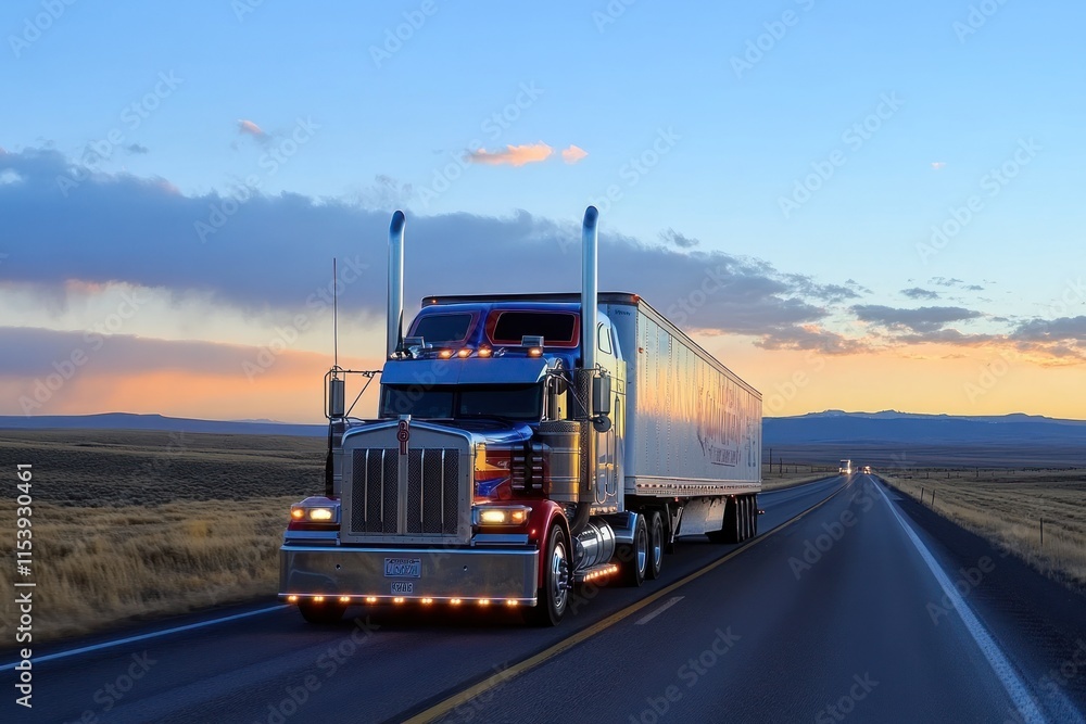 Sleek Truck Travels on Open Highway During Sunset Sleek Truck Travels on Open Highway During Sunset