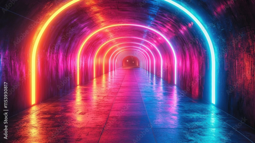 A vibrant digital tunnel illuminated with neon lights in shades of pink and blue. The walls and floor are reflective, creating a dynamic atmosphere. A vibrant digital tunnel illuminated with neon lights in shades of pink and blue. The walls and floor are reflective, creating a dynamic atmosphere.