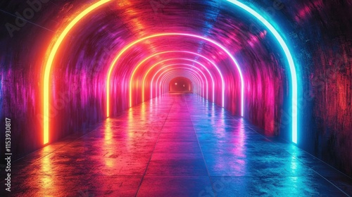 A vibrant digital tunnel illuminated with neon lights in shades of pink and blue. The walls and floor are reflective, creating a dynamic atmosphere.