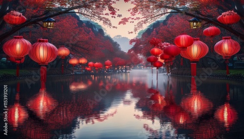 Misty reflections and tranquil trees contribute to the captivating atmosphere of a cultural festival with a serene waterway illuminated by red lanterns.