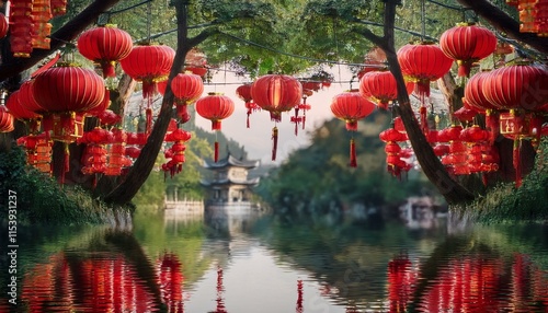 The captivating atmosphere of a cultural festival is enhanced by a serene waterway illuminated by red lanterns, with misty reflections and tranquil trees.