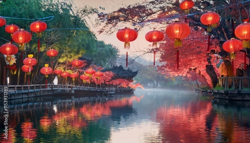 A serene waterway illuminated by red lanterns, with misty reflections and tranquil trees creating a captivating cultural festival atmosphere