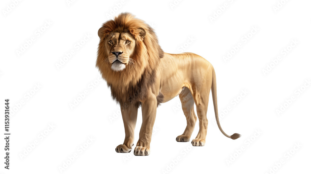 Obraz premium A full-body view of a majestic adult male lion with a lush mane, isolated on a transparent background, symbolizing power and royalty.