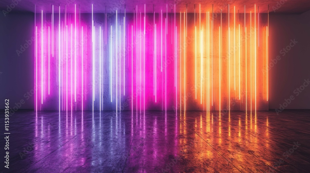 An abstract display of colorful neon lights in pink, orange, and purple illuminating a dark room with a reflective floor surface. An abstract display of colorful neon lights in pink, orange, and purple illuminating a dark room with a reflective floor surface.