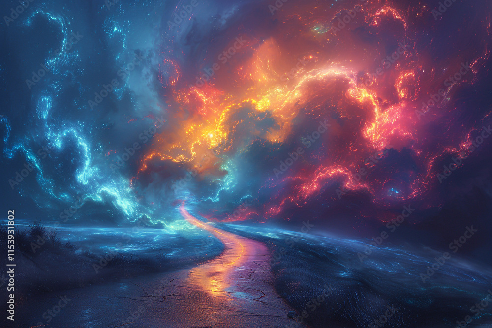 Naklejka premium Fantasy Clouds Swirling Above a Winding Road