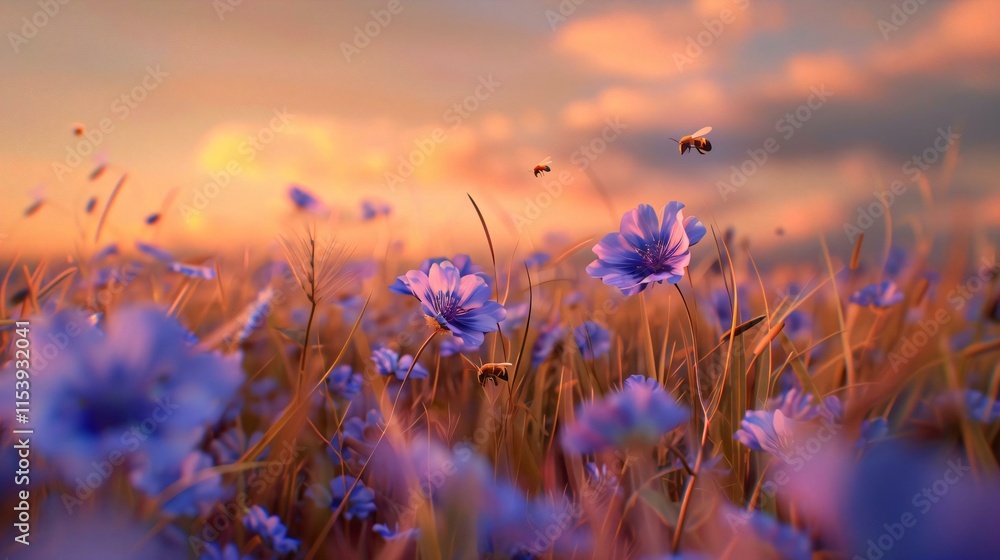 Serene field scene sunset tall grasses purple flowers three bees midflight bathed soft diffused light pastel hues Serene field scene sunset tall grasses purple flowers three bees midflight bathed soft diffused light pastel hues