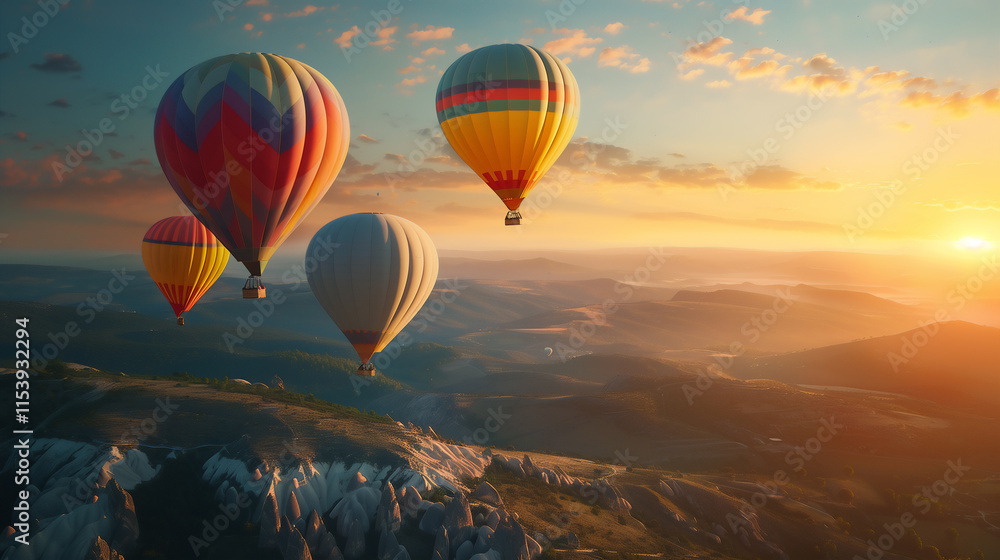 Colorful hot air balloons flying over mountain