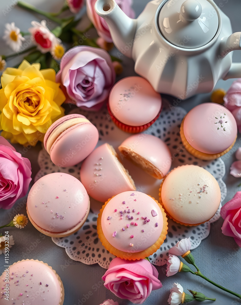Delightful afternoon tea gathering featuring pastel cupcakes and vibrant flowers Delightful afternoon tea gathering featuring pastel cupcakes and vibrant flowers