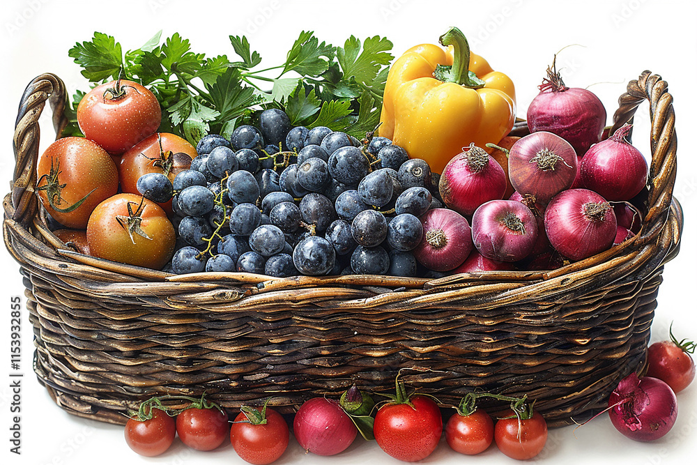 Basket of fresh colorful vegetables and fruits in isolated on white background Basket of fresh colorful vegetables and fruits in isolated on white background