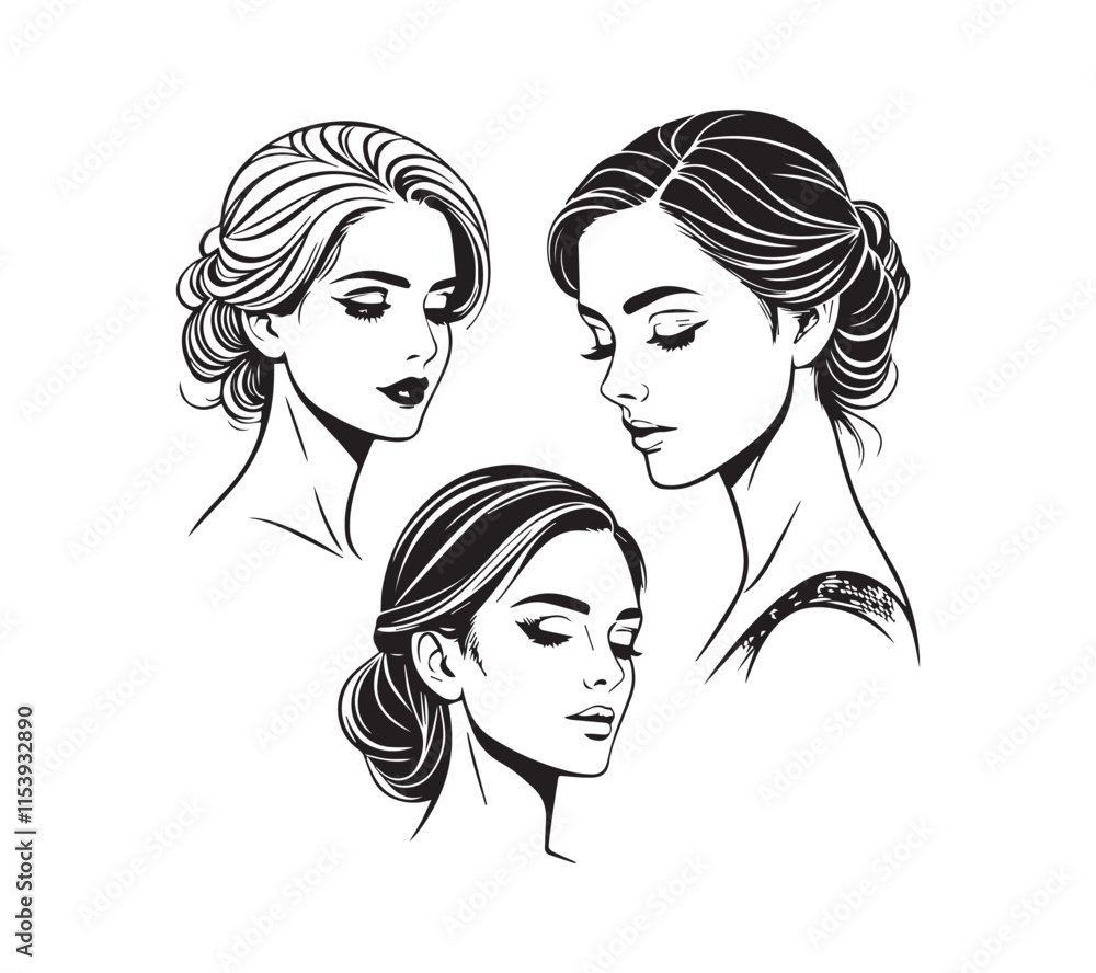 Set of stylized woman faces. Modern single line art. Woman beauty fashion concept, minimalistic style Black and white Set of stylized woman faces. Modern single line art. Woman beauty fashion concept, minimalistic style Black and white