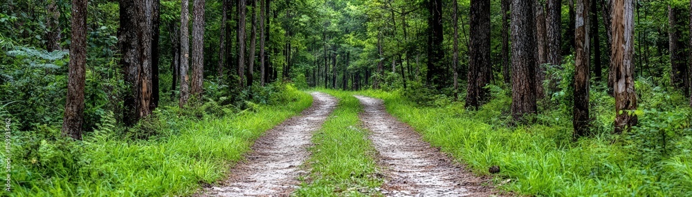 Serene Split Dirt Road Through Lush Green Forest Landscape in Bright Natural Light Serene Split Dirt Road Through Lush Green Forest Landscape in Bright Natural Light