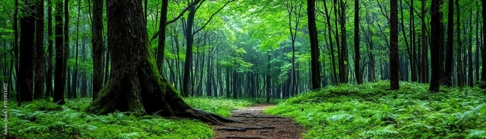 Lush Green Forest Trail Surrounded by Tall Trees and Ferns in a Serene Nature Landscape Lush Green Forest Trail Surrounded by Tall Trees and Ferns in a Serene Nature Landscape
