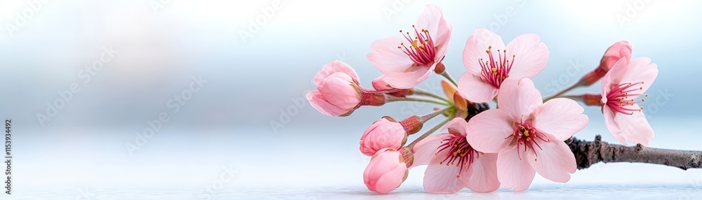 Obraz premium Delicate Cherry Blossom Branch with Pink Flowers Appearing in Soft Light Background