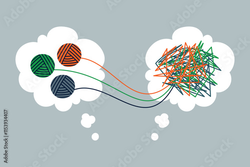 Psychologist unravelling three tangle of tangled thoughts. Tangled colorful jangle, Tangled thoughts. Speech bubbles. Coaching, mentoring or psychotherapy. Problem solving. Chaos and order
