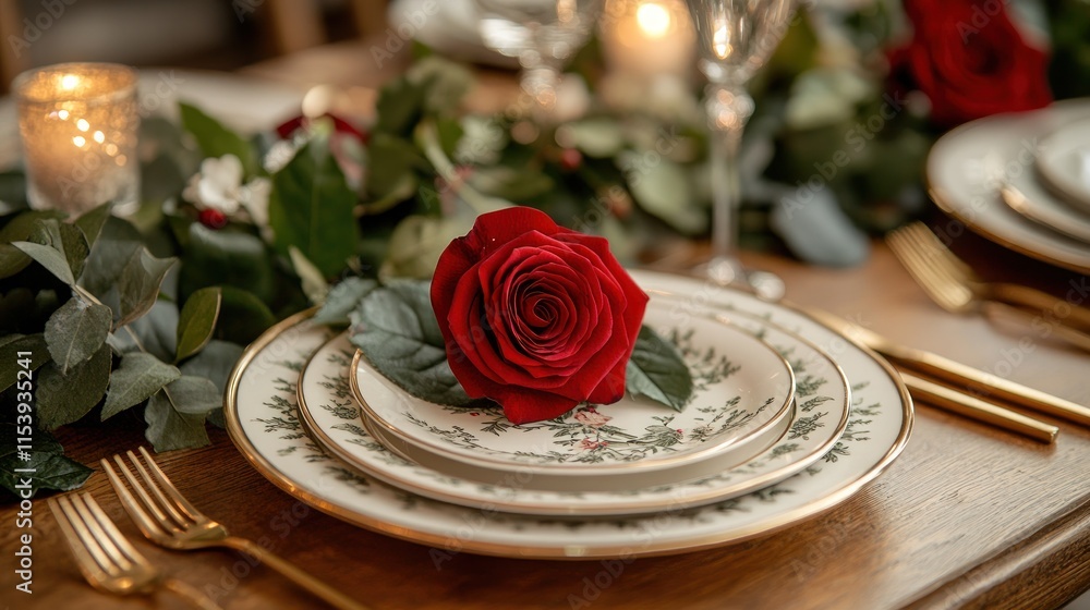 Single red rose centerpiece on elegant dinner table setting with gold cutlery, candles, and greenery. Single red rose centerpiece on elegant dinner table setting with gold cutlery, candles, and greenery.