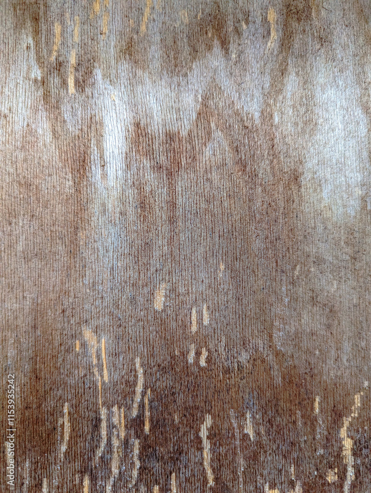 Fototapeta premium Close-up of greyish brown distressed wooden surface with natural wear and stains. Weathered outdoor organic material wall. Rustic and imperfect aged wood texture background.