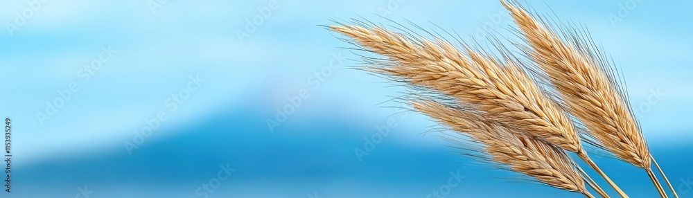 Golden Wheat Stalks Against a Soft Blue Background with Blurred Mountain in the Distance Golden Wheat Stalks Against a Soft Blue Background with Blurred Mountain in the Distance