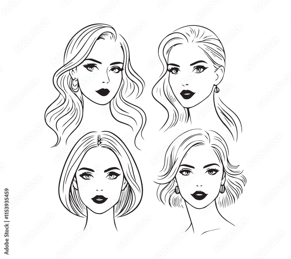 Set of stylized woman faces. Modern single line art. Woman beauty fashion concept, minimalistic style Black and white Set of stylized woman faces. Modern single line art. Woman beauty fashion concept, minimalistic style Black and white