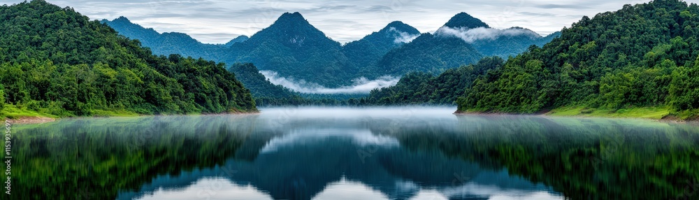 Tranquil Landscape of Mountains and Calm Lake with Reflection and Lush Greenery at Dawn Tranquil Landscape of Mountains and Calm Lake with Reflection and Lush Greenery at Dawn