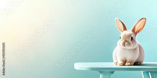 A Playful Baby Rabbit Sitting Comfortably on a Light Blue Table Against a Soft and Colorful Background, Perfectly Suitable for Easter Celebrations and Vibrant Spring Themes all Around photo